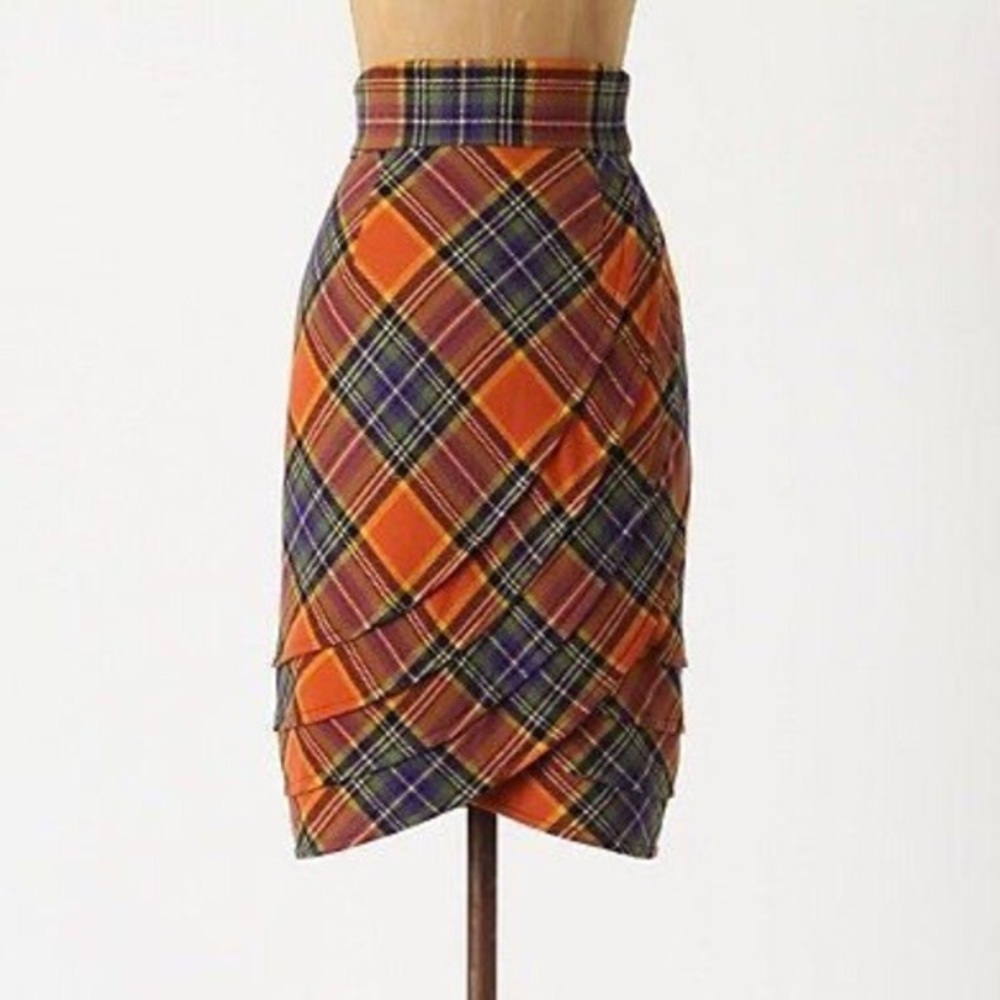 Anthropologie orange plaid tulip pencil skirt
